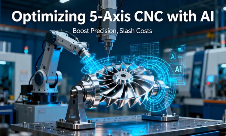 AI-driven optimization process for 5-axis CNC machining, showing data streams analyzing a precision aerospace part.