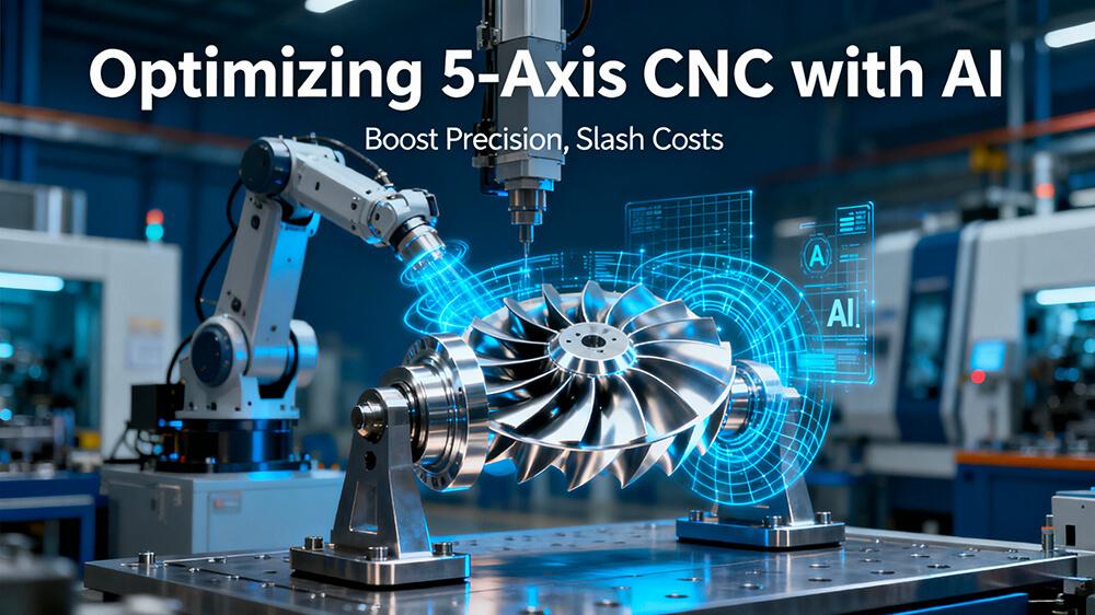 AI-driven optimization process for 5-axis CNC machining, showing data streams analyzing a precision aerospace part.
