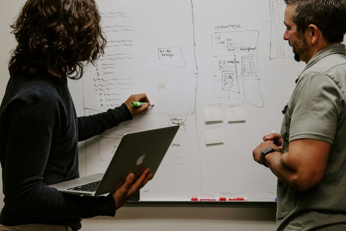 two business leaders discussing a ai business framework plan