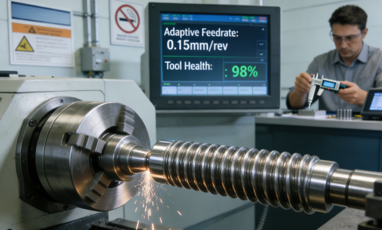AI-optimized CNC thread turning process for stainless steel, showing real-time parameter monitoring and quality verification