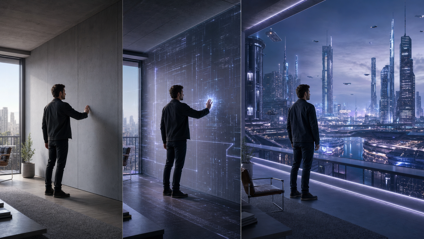 Three-shot AI video sequence showing a real apartment transforming into a futuristic virtual city